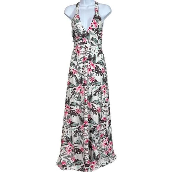 Sim & Sam Dresses & Skirts - Sim & Sam Womens Pink/Gray/Green Tropical Smocked Lined V-Neck Maxi Dres…